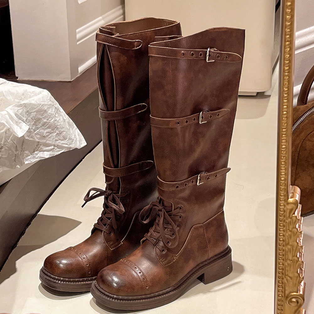 Women'S Fashion Knee High Boots - المرأة حذاء برقبة للركبة خمر حزام