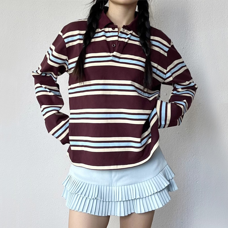 Women'S Fashion Rugby Shirt - قميص بولو الرجبي المريح المخطط للسيدات