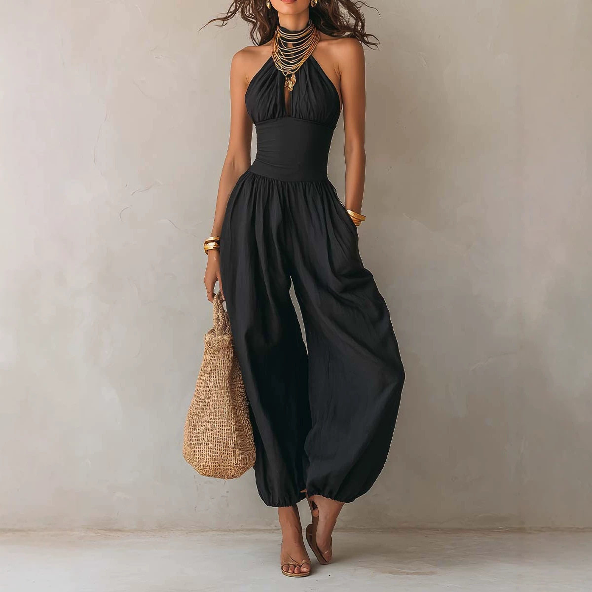 Women'S Fashion Overalls - جمبسوت نسائي صيفي ضيق بياقة رسن