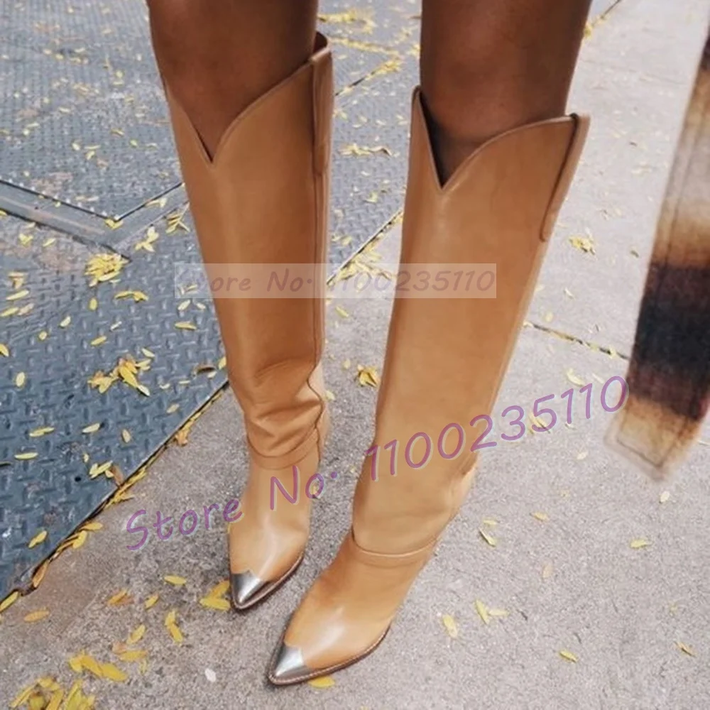 Women'S Fashion Knee High Boots - الفضة معدن تو تان حذاء برقبة