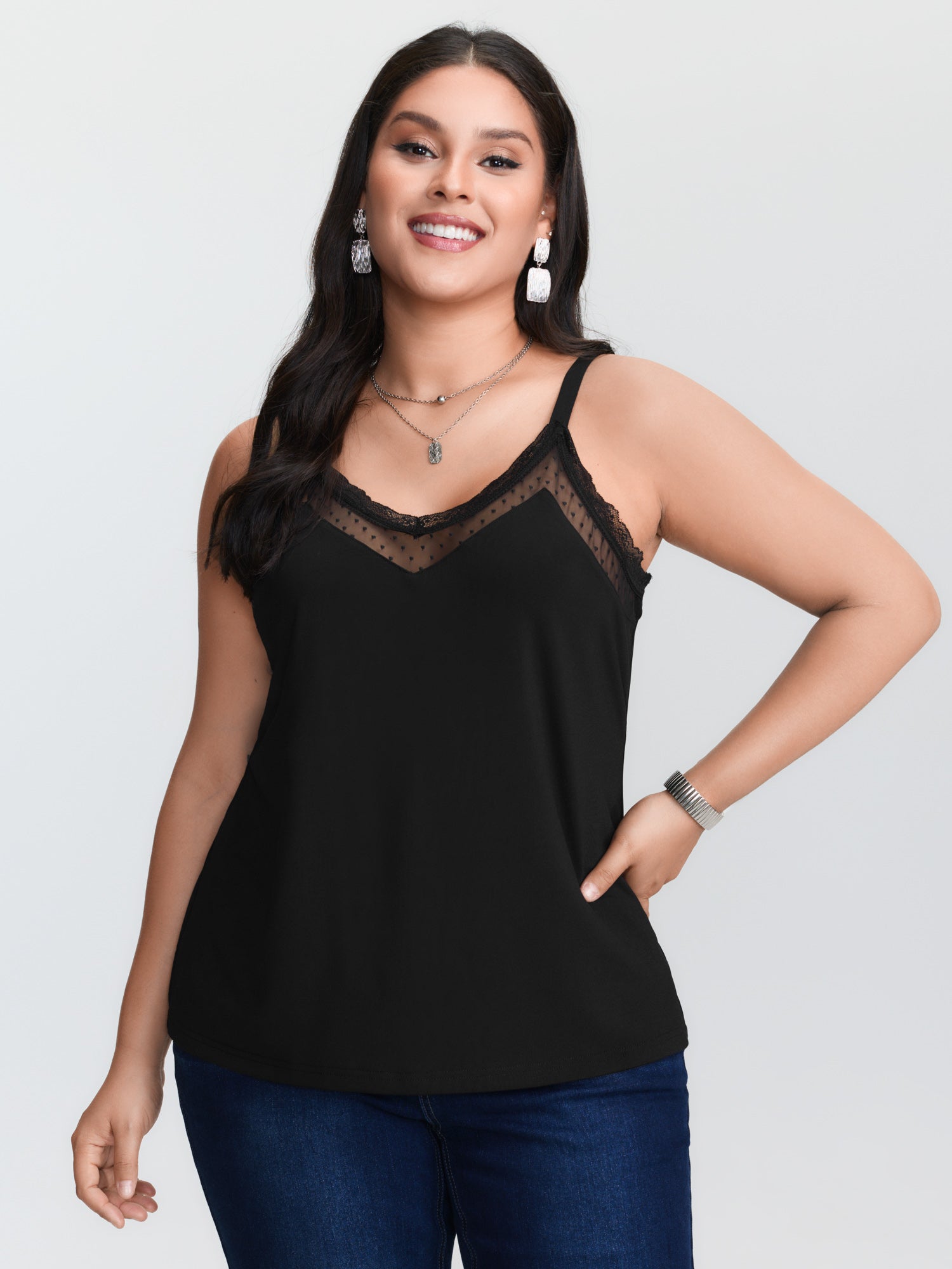 V Neck Cami Top - بلوزة كاميسول سوداء محبوكة بمقاسات كبيرة،