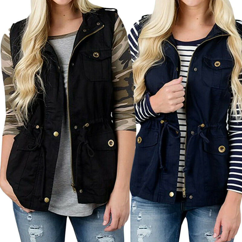 Women'S Fashion Utility Vest - سترة سفاري مع جيوب ورباط للنساء
