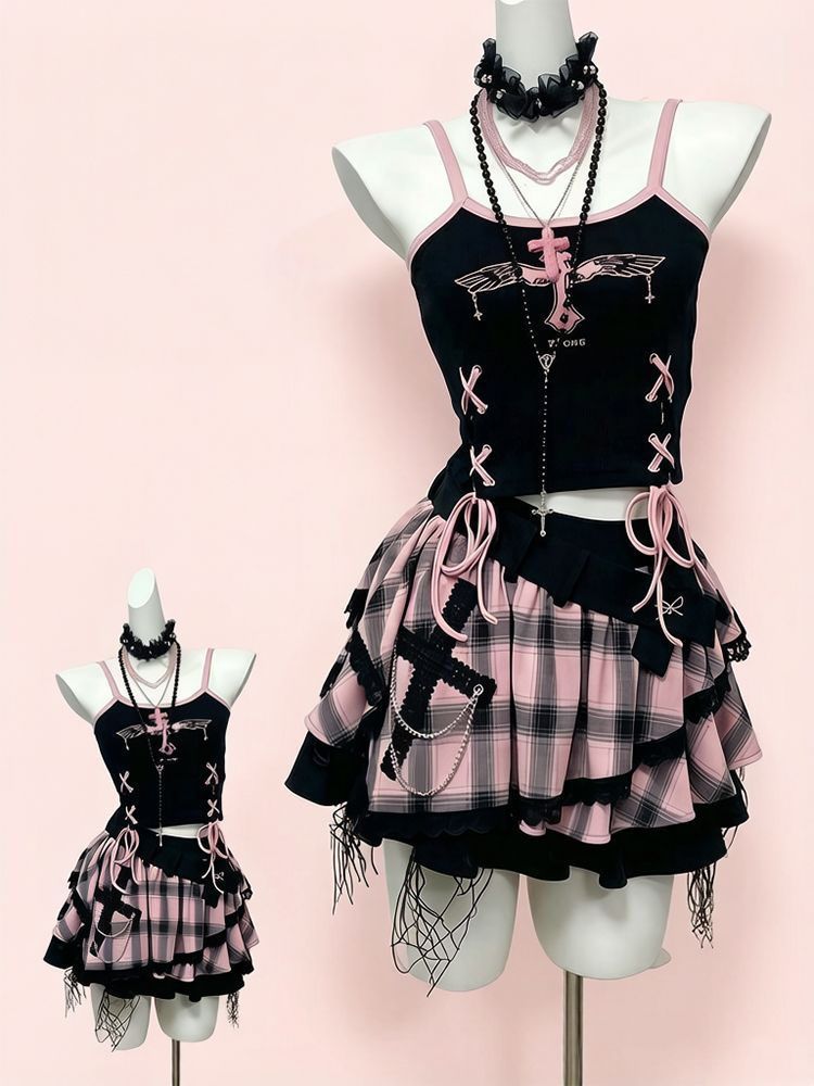 طقم تنورة نسائي بتصميم Y2K عتي - مراجعة V Neck Cami Top وسعره